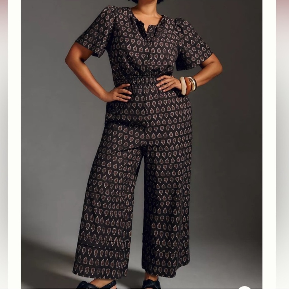 Anthropologie Black and Cream Patterned Jumpsuit